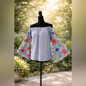 FLONT Floral Embroidered Off-Shoulder Blouse